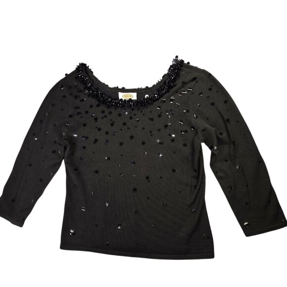 Talbots Sweater Women M Black Beaded Sequin Silk Blend Hollywood Glam Holiday - Picture 1 of 11